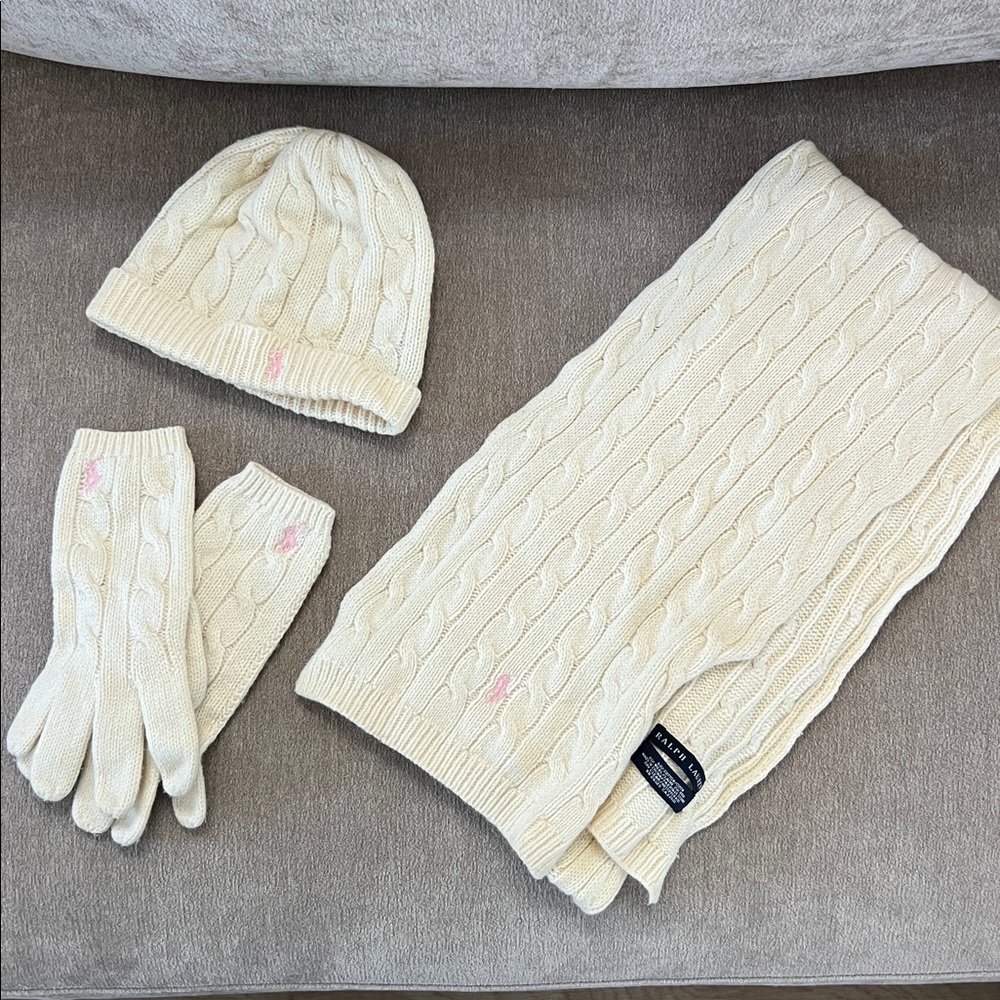 Ralph Lauren Cream Cable Knit Hat, Scarf and Gloves